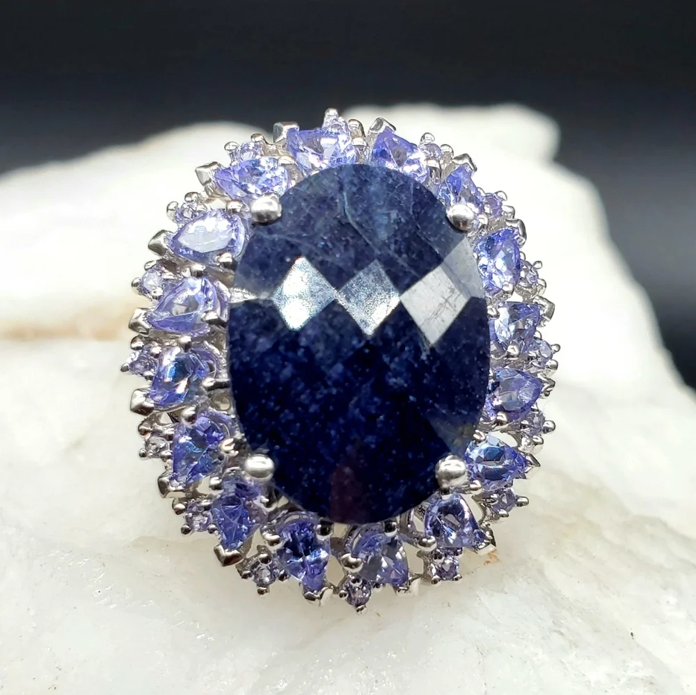 Sterling Silver 925 Designe Ring Raw Blue Sapphire Natural Tanzanite Gemstone